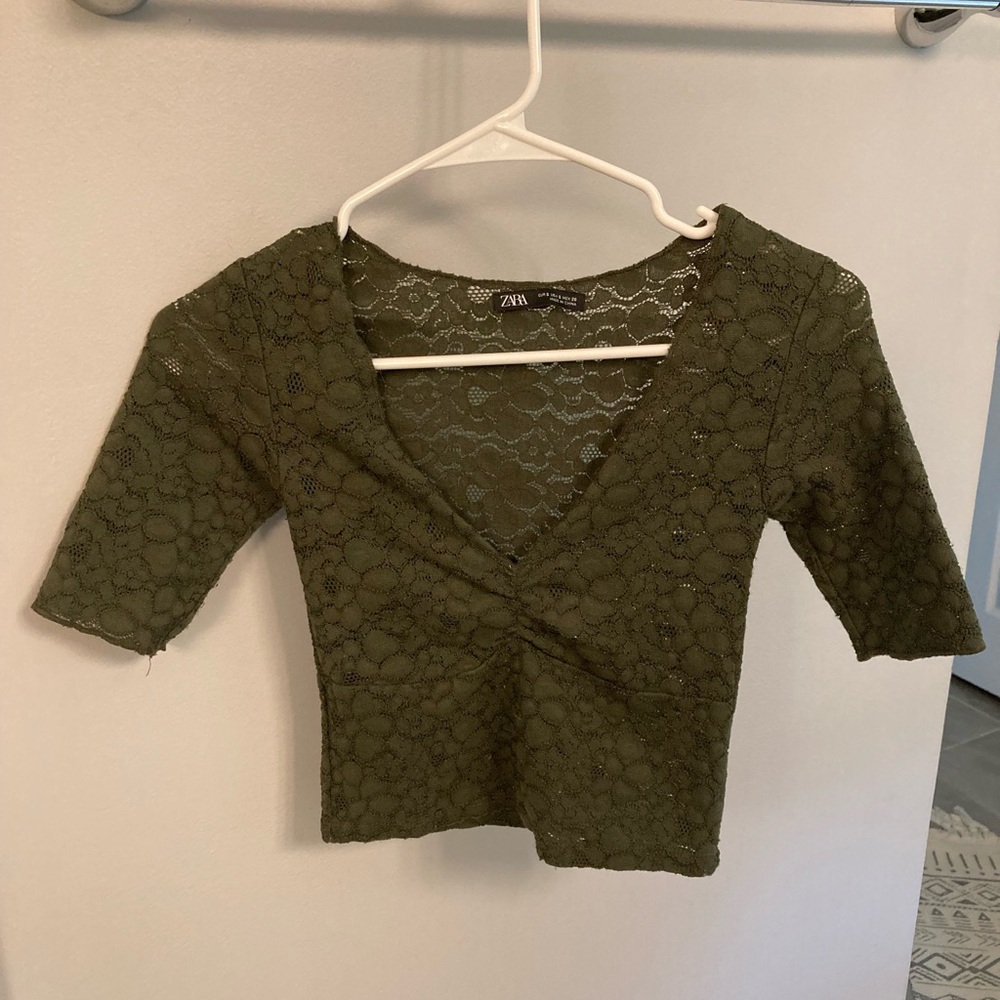 Zara Olive Green Lace V-Neck Cropped Top